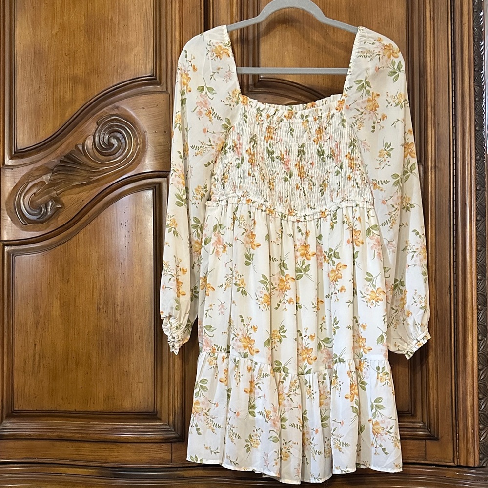 NEW Floral Smocked Square Neck Long Sleeve Mini Dress Small